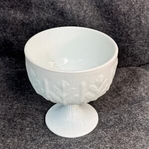 FTD 1978 White Milk Glass Pedestal Bowl Oak Leaf Embossed Compote Goblet Planter